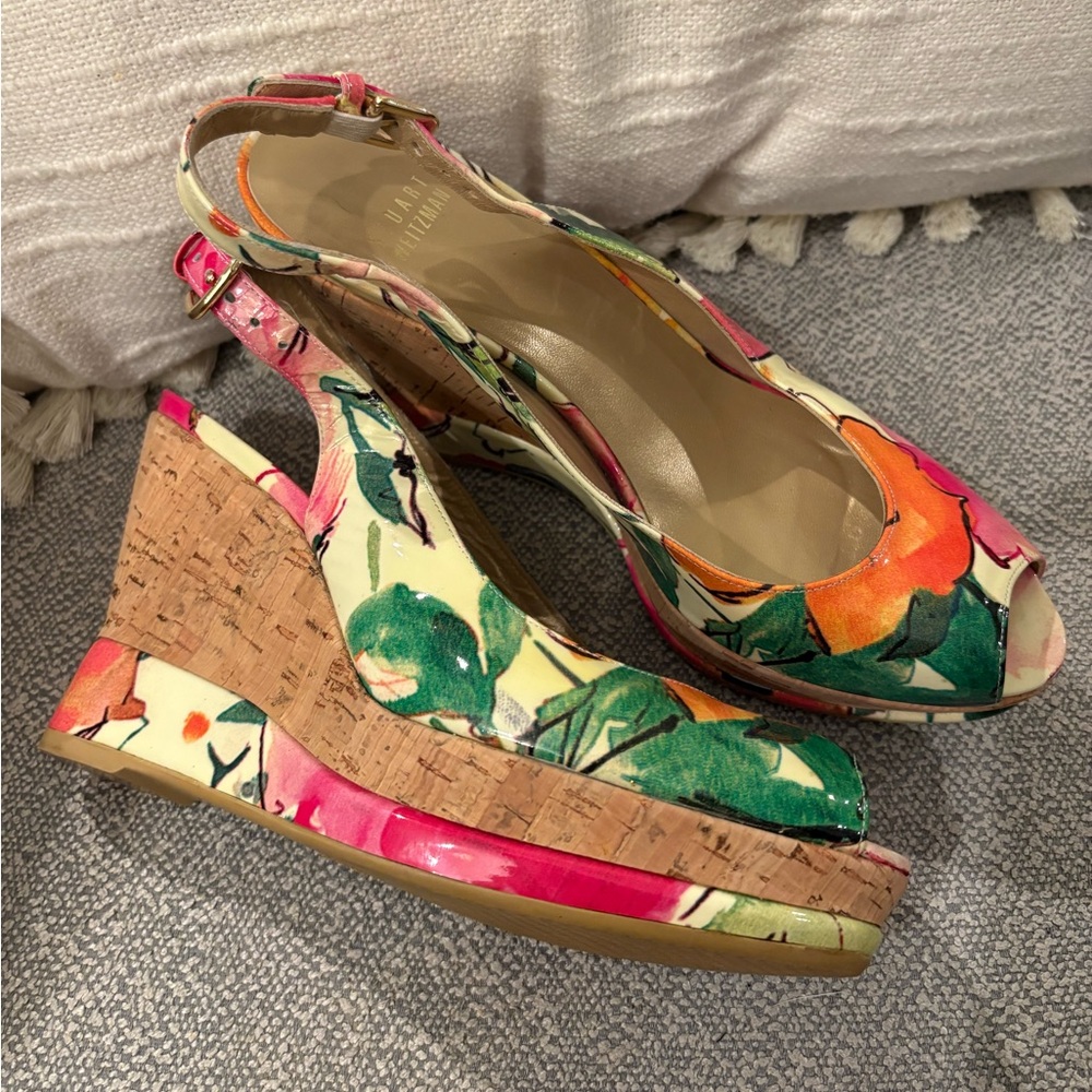 Stuart Weitzman Floral Peep Toe Cork Wedges